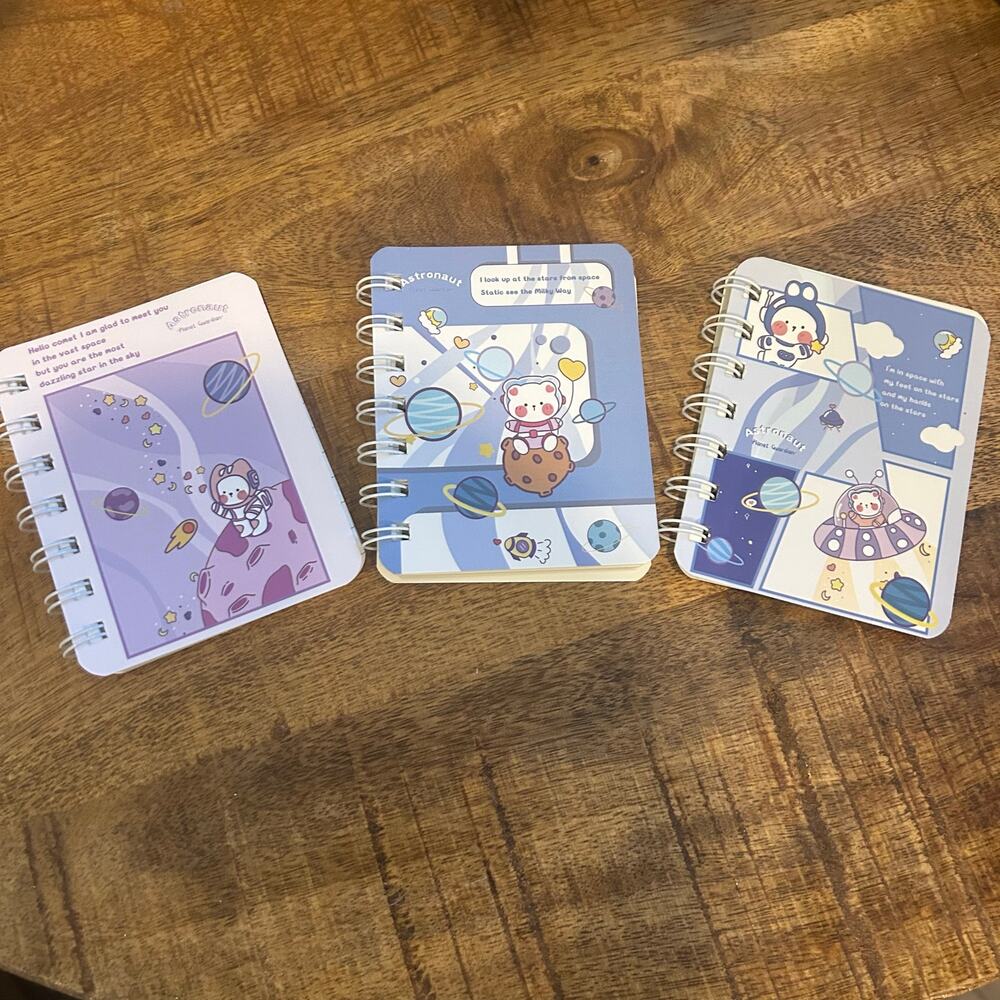 3 Kawaii Space Bear Astronaut A7 Mini Spiral Notebooks Pastel Purple Blue